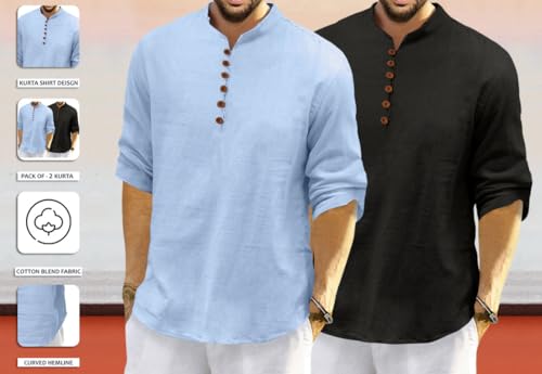 Image of ROYALSCOUT Men's Cotton Polyester Blend Solid Regular Fit Full Sleeve Short Kurta | Ethnic, Lightweight Summer Kurta for Daily & Occasion Use