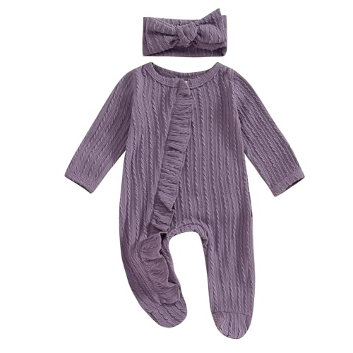 Image of Ayalinggo Newborn Baby Girl Fall Winter Outfits Clothes Knit Jumpsuit Ruffle Romper Newborn Coming Home Outfit for Baby Girl