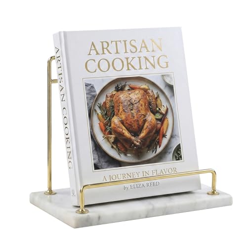 MyGift Modern Marble Cookbook Stand, Kitchen Countertop Recipe Holder Stand with Brass Tone Metal Rail