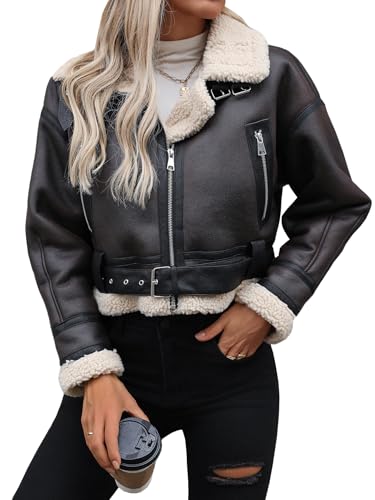 Winter Women Faux Lamb Fur Leather Jacket Warm Fur Lined Zipper Cropped Bomber Aviator Coat