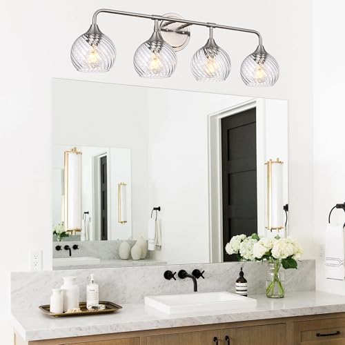 Image of MELUCEE Bathroom Vanity Light Brushed Nickel 4 Lights with Clear Striped Swirl Glass Shade, 33 inch Vanity Lighting Fixtures Over Mirror Modern Bathroom Wall Lights for Powder Room Kitchen Foyer