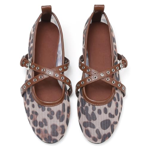 VIMISAOI Leopard Flats for Women Mesh Ballet Flats Shoes for Women Fishnet Buckle Round Toe Mary Jane Ballerina Shoes Dress Shoes4
