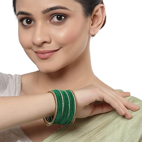 Image of ZENEME Gold-Plated Matte Finish Velvet White American Diamonds Studded Bangles Set Of 18 For Girls and Women