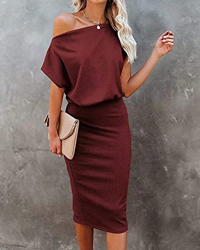 Image of EZBELLE Women's Summer Dress Off The Shoulder Short Sleeve Ribbed Casual Party Bodycon Midi Dresses