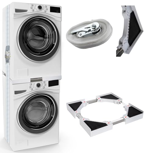 CLP Cadre de Liaison Universel pour Lave-Linge et sèche-Linge, empilable réglable en Hauteur, avec Tablette et Sangle de Fixation, Cadre, Couleur:Blanc