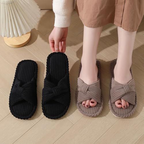 Women For House Slippers Bedroom Indoor And Outdoor Shoes Open Toe Slippers Anti Skid Sole Soft Comfort Corduroy Bow Slider4