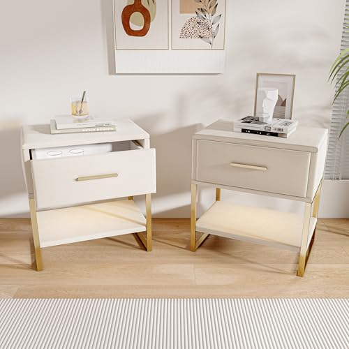 Lot de 2 Table de Chevet Table d'appoint avec 1 tiroir et 1 LED étagère Ouverte Petite Table Meuble Chevet Moderne Tables de Nuit pour Chambre et Salon(Beige, 40 x 31 x 50 cm)