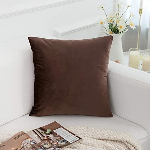 Image of 2 Piece Holland Velvet Cushion Cover, 12x12 inch, Coffee Brown | Soft Solid Decorative Throw Square Pillow Cases Modern Luxury Home Decor for Couch Sofa Bedroom Livingroom