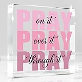 Pink Room Decor, Inspirational Christian Gifts for Women, Pink Dorm Bathroom Room Decoration, Office Decor for Women, Acrylic Office Desk Accessories Decoration Wall Art Sign-Pray through it