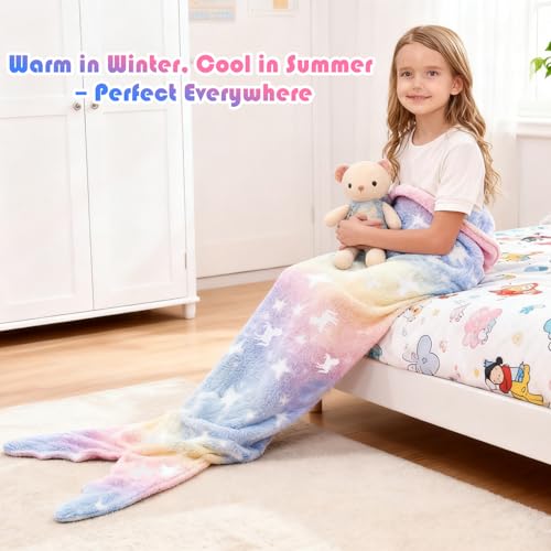 Ranedo Mermaid Tail Blanket for Girls, Glow in The Dark Unicorn Flannel Throw, Soft All-Season Wearable Snuggle Blanket Gift for Kids & Teens & Adults, 140 × 60 cm, Purple - Image 3
