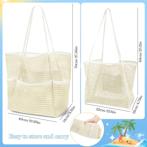2 Pcs Mesh Beach Bags, 2 Sizes Causal Beach Bags for Women, Beach Tote Bag with Mini Pocket, Pool Bag for Travel (Khaki)2