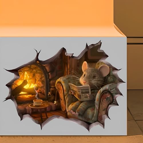 Cozy Mouse Wall Decal, 3D Fireplace Scene Decorative Sticker, Vinyl Home Decor (Cozy)