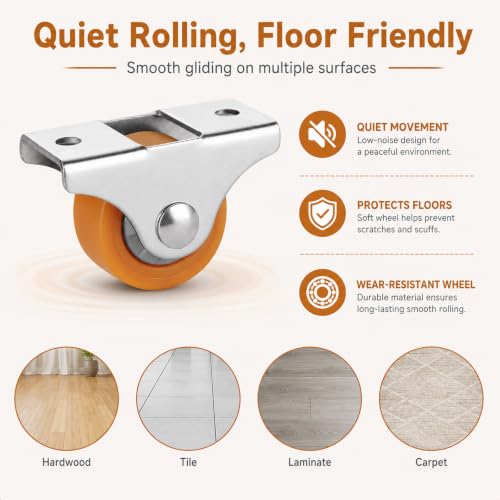 CYEAH Furniture Casters - 24 Pcs Small Caster Wheels, 1'' Metal Top TPE Rubber Low Profile, Heavy Duty Non Swivel, Silent Ball Bearings, for Rolling Cabinet Trundle Bed Drawer