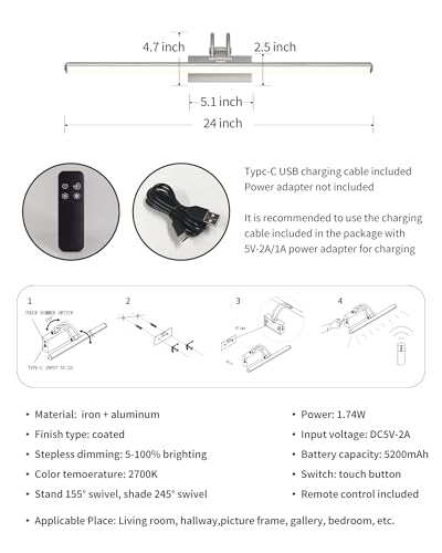 Image of KDG LED Cordless Wall Picture Light with Remote, 7000mAh Rechargeable Dimmable Art Lighting, Adjustable Swing Arm, Picture Frame Light for Gallery, Living Room, Hallway, 24 inch, Silver