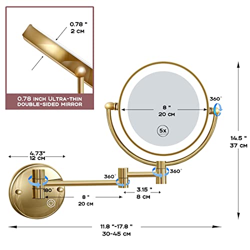 Reckodor Lighted Makeup Mirror Wall Mounted, Bathroom 8" Extendable 1X/5X Magnifying Vanity Mirror, Touch Dimming, Rechargeable, No Pre-Installed Wire, Brass Pvd Zirconium Gold #TOP4