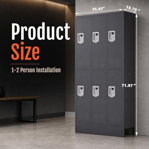 Image of BUTISOW 6 Door Metal Storage Locker for Employees, Heavy Duty Steel School | Locker with Lift Up Handle & Recessed Hasp, Gym Office Lockers with Adjustable Shelves & Hooks, 72 inchH x 35.4 inchW x 15.75 inchD, Grey