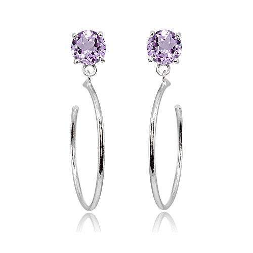 Sterling Silver 5mm Amethyst Dangling Round Half Hoop Stud Earrings