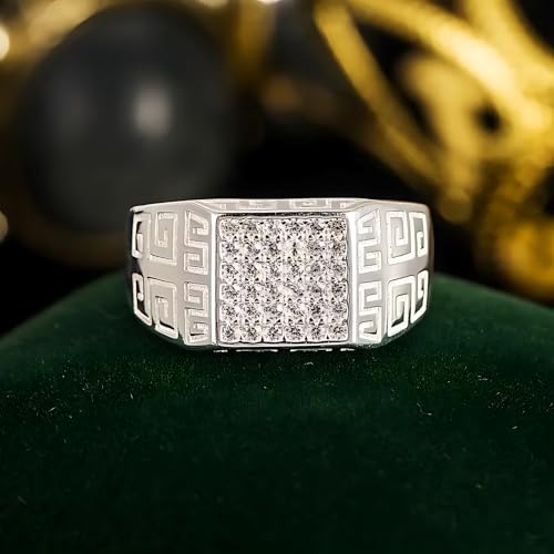 Sterling Silver Rings S925 Silver Men's Ring Men's Wedding Rings with 36 Sparkling Zircons – Square Shape & Ancient Greek Patterns Style2