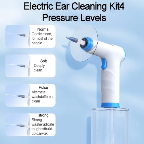 Kit de limpiador eléctrico de oídos con tanque de 500 ml, 4 modos de presión, batería de 2000 mAh, luz de 5 LED, impermeable, recargable tipo C para una limpieza segura y eficaz de los oídos en casa