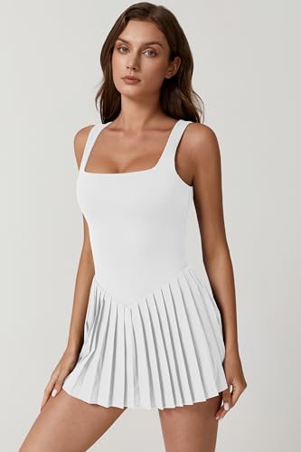 Image of QINSEN Womens Square Neck Tennis Dress Pleated Sleeveless Built in Shorts Golf Athletic Dress with Pockets