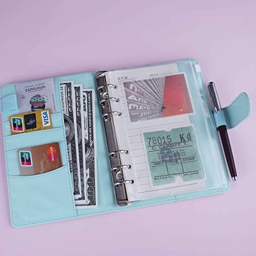VANVENE A6 PU Leather Notebook 6 Round Ring Binder Cover, for A6 Filler Paper(Inner Paper Not Included) with Magnetic Buckle Closure budgets Binder (Mint Blue)