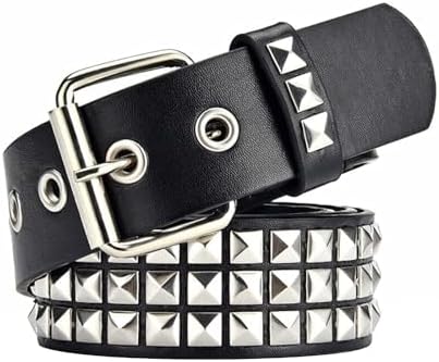 Black Studded Belt Punk Rock Rivet Belt Grommet Threads Belt with Bright Metal Pyramid for Women Men