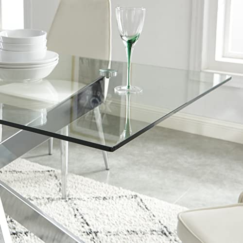 Modern Style Dining Table With Tempered Glass Top And Metal Tubular Legs, 58.5”Lx29”Wx30”H, Silver #TOP5