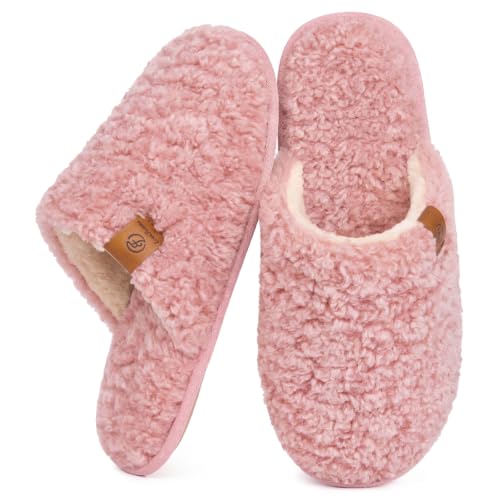 EverFoams Women's Fuzzy Slippers Cozy House Shoes Pink, 9-10 US