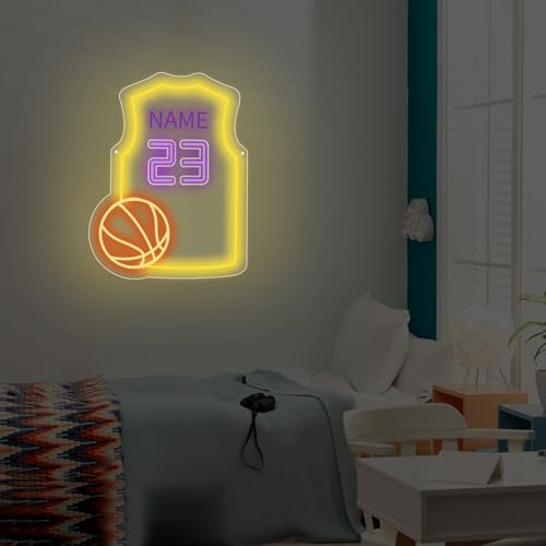 Image of Custom Basketball Jersey Neon Signs Basketball Neon Sign with Custom Name and Number Personalized Sports Neon Light for Bedroom Sports Light Up Sign for Wall Led Signs for Basketball Lover Gifts