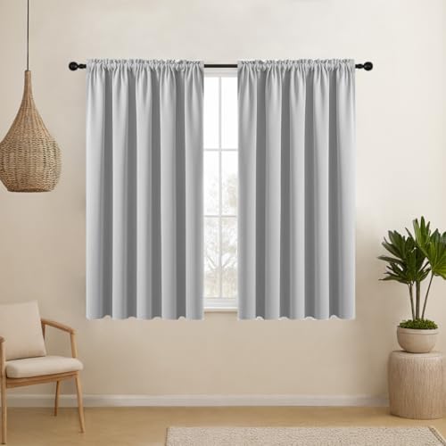 CUCRAF Greywish Blackout Curtains 45 inch Length 2 Panels Set, Rod Pocket Room Darkening Drapes, Insulated Thermal Light Blocking Window Curtain for Bedroom Living Room (52 x 45 inches)