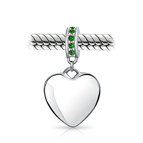 Personalized Engravable Initial Monogram Simulated Emerald Green Crystal Accent Bale Heart Shape Dangle Bead Charm .925 Sterling Silver For Women Teen European Bracelet Custom Engraved #TOP2