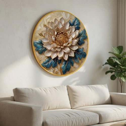 Image of SAF Luxury Floral Round Wall Painting White Gold Flower Art with Blue Leaves PVC Golden Frame Modern Wall Decor for Living Room Bedroom Office Home Decoration (20 x 20 Inch) GRL-394