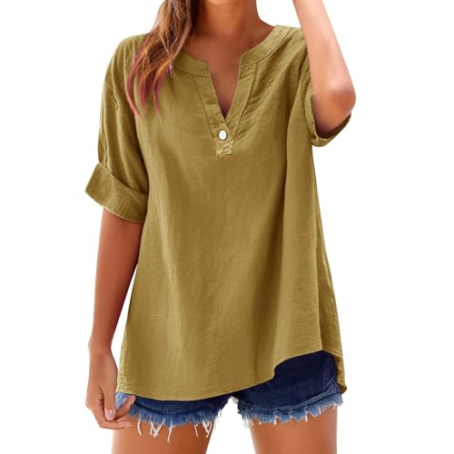 Linen Shirts for Women Trendy Roll Up Short Sleeve Tshirts Button Down Henley Shirts Cute Solid Summer Beach Tee Tops Yellow