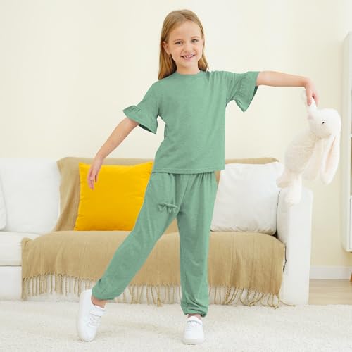 Image of Kids Girls Outfits Ruffle Sleeve T-Shirt Pants Set 2Piece 4-13 Years