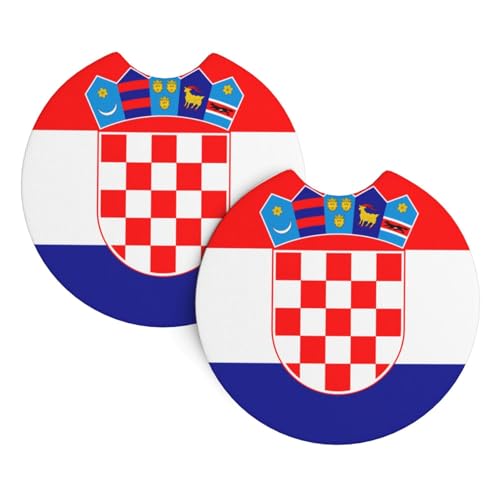 Lot de 2 dessous de verre de voiture WHJSSF avec drapeau de la République de Croatie imprimé en caoutchouc chloroprène durable, imperméable, séchage rapide, inodore