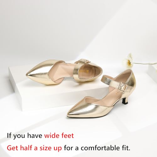 Image of RIBONGZ Comfortable Kitten Heels for Women Pointed Closed Toe Ankle Strap Buckle Heels Slip on Low Heel Church Pumps Wedding Bridal Party Dressy Shoes