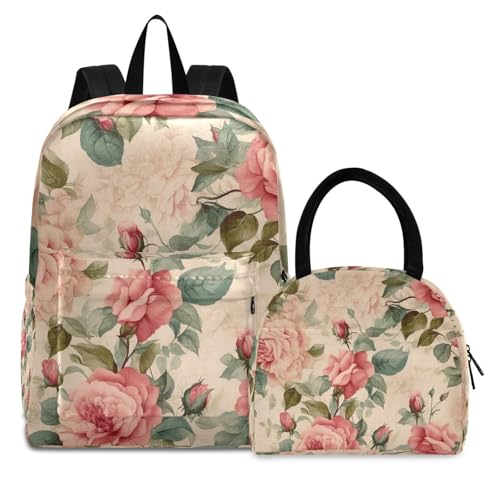 Bookbag Lunch Box Set Camping Backpack Waterproof, Backpacks Set for Girls, Vintage Pink Roses