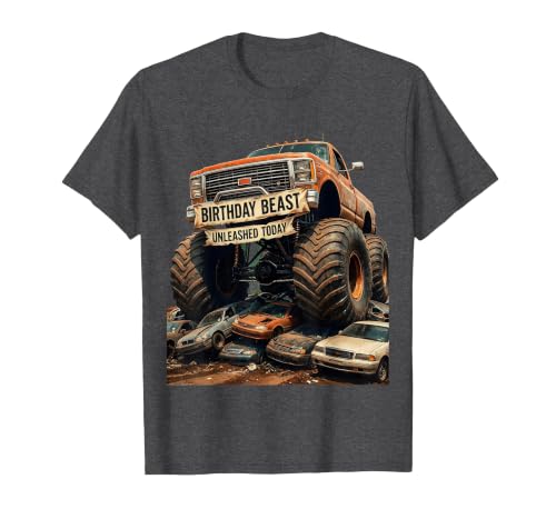 Monster Truck Birthday Beast Unleashed Design T-Shirt, Men, Dark Heather Grey, Large