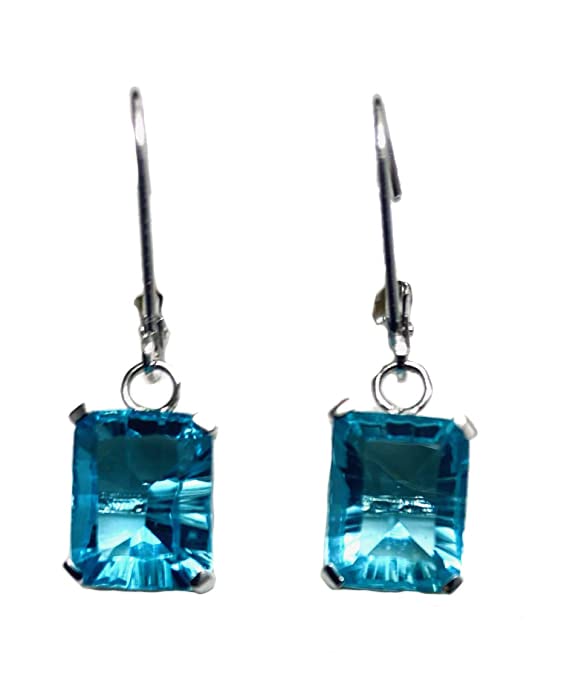 E40810L Swiss Blue Helenite Rectangle (8x10mm) Sterling Silver Dangling Earrings