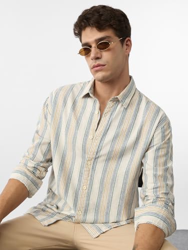 Image of The Souled Store Cotton Linen Stripes: Apricot Men and Boys Long Sleeves Collared Neck Orange Stripes Regular Fit Lightweight Comfortable Summer Cotton Linen Shirts