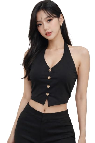 tivante Solid Halter Neck Crop Top for Women Stylish with Button Detailing| Skims Top | Korean top for Women | Sleeveless top |-picture-44