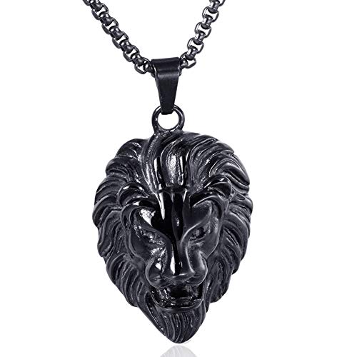 Preisvergleich Produktbild WDBAYXH Persönlichkeit Punk Schwarz Edelstahl Löwenkopf Anhänger Halskette, Herren Gothic Biker Rock Protection Schmuck 24"Kette, Glücksbringer Schutz Schmuck Geschenk