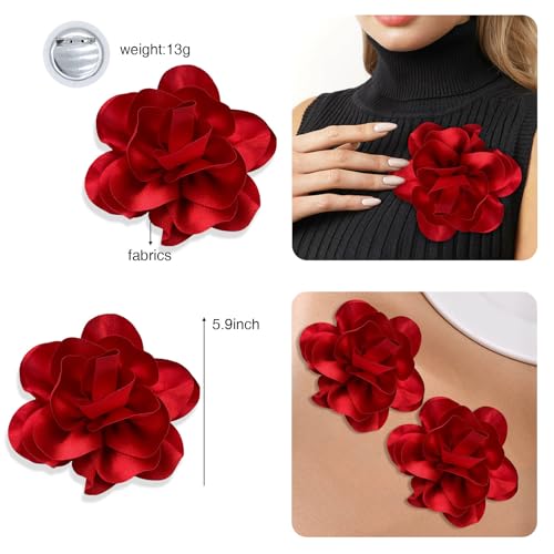 Image of 2Pack 6inch Extra Large Satin Brooches Lapel Pins Dainty Elegant Fabric Camellia Rose Flower Brooch Pin for Women Wedding Part Dance Clothes Accessories Jewelry