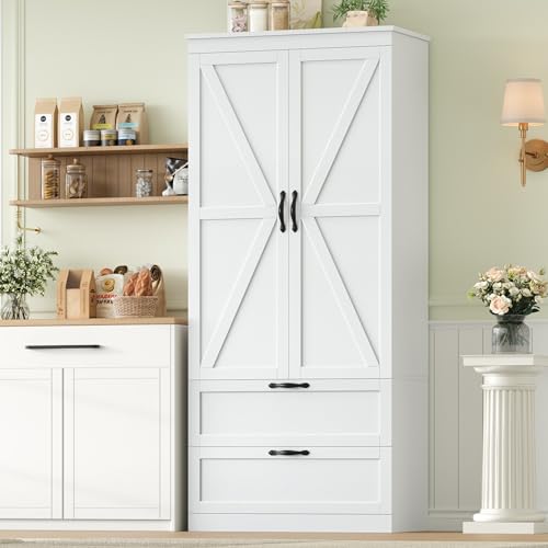 HOCSOK Küchenschrank, Küchenbuffet mit 2 Türen und 2 Schubladen, Buffetschrank Vorratsschrank Küche mit Verstellbare Ablage, Hochschrank Mehrzweckschrank, Weiß