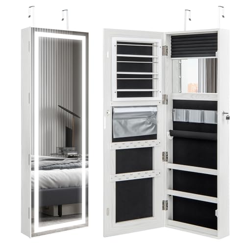 COSTWAY Armoire à Bijoux Murale, Grand Miroir Pleine longueur avec Éclairage LED 3 Couleurs, Rangement Bijoux pour Colliers, Boucles d’Oreilles,...