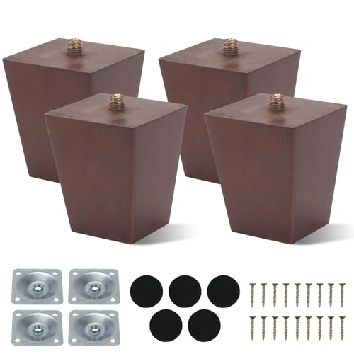 COEWUR 4 Piezas 6 CM Patas de Muebles de Madera Patas para Mueble Madera Patá de Mesa de Madera Maciza con Placas de Montaje Protector Antideslizante Tornillo Patá de Repuesto para Silla Sofá Armario