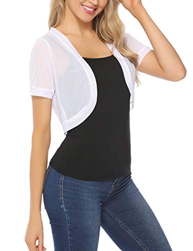 Aiboria Women Short Sleeve Sheer Mesh Shrugs Open Front Bolero Cardigan White #TOP6