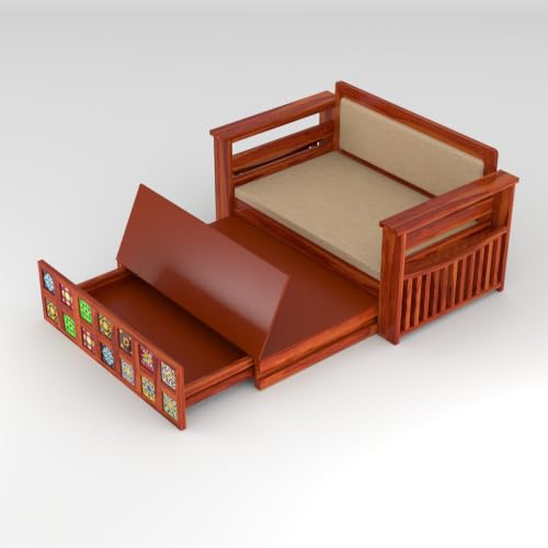 Image of Solid Sheesham Wood Sofa Cums Bed with Mattress & Storage | Rosewood Convertible Sofa Bed for Living Room & Bedroom (F-Honey Finish, 2 Seater)