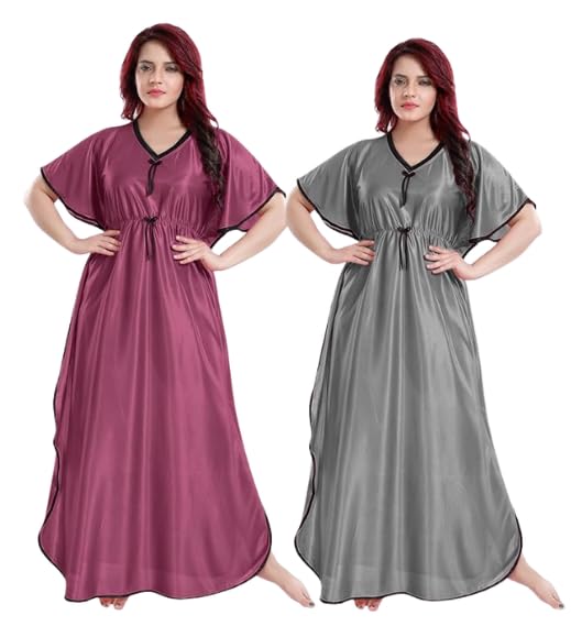 skmodel stylish Satin Kaftan Nighty Combo for Women Pack of 2 | Loose Fit Maxi Nightwear | Comfortable Stylish Home Wear-picture-3