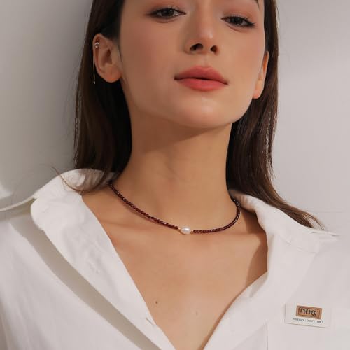 Flourisit Gemstone Beaded Necklace with Freshwater Pearl,Natural Handmade Irregular Pearl Necklace for Women,14k Gold Plated February Birthstone of Choker Gift for Mom, Girlfriend, Wife2